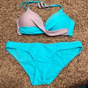 medium, purple and blue bikini